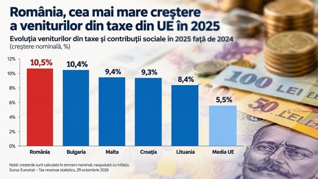 România a înregistrat cea mai mare creștere a veniturilor din taxe din UE în 2025, dar rămâne la finalul clasamentului la PIB